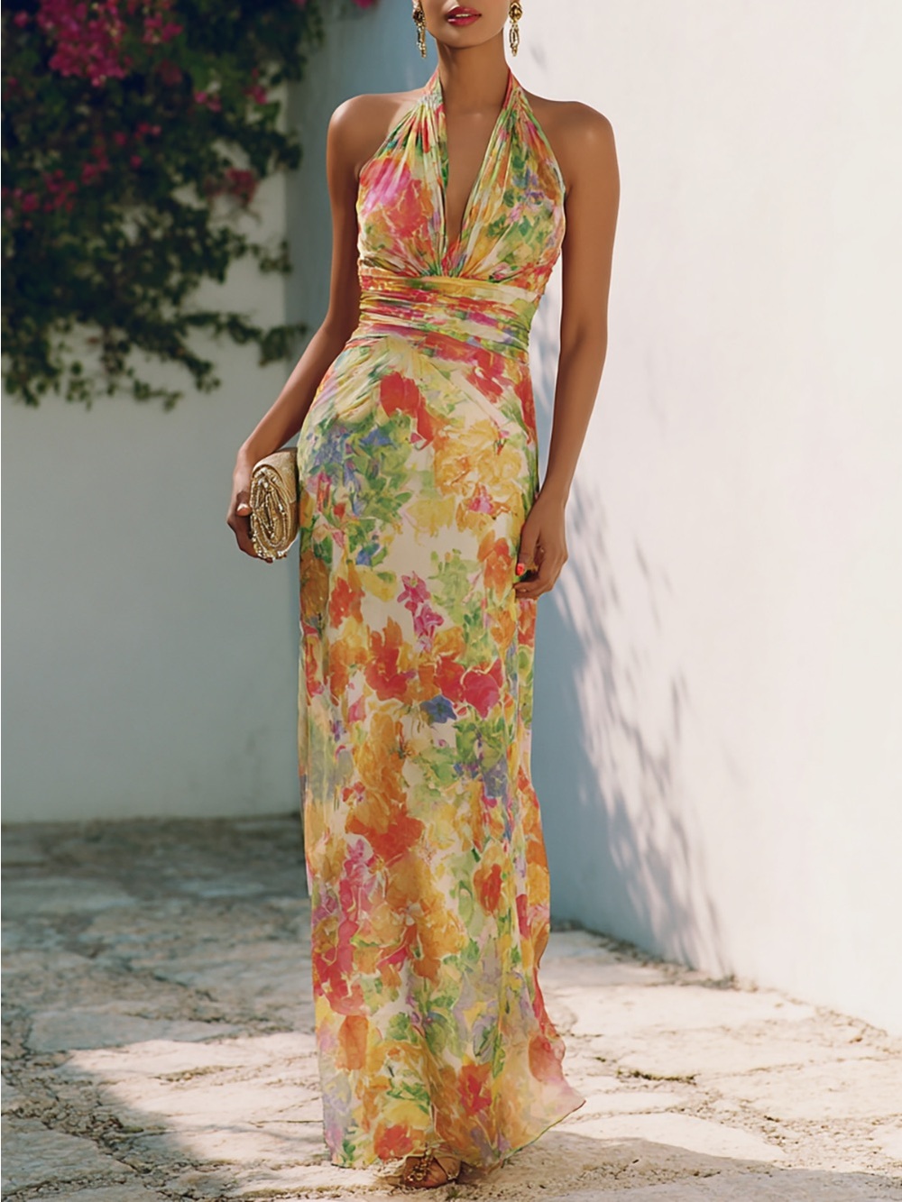 Fehaute Floral Halter Maxi Dress - Yellow Multi Chiffon